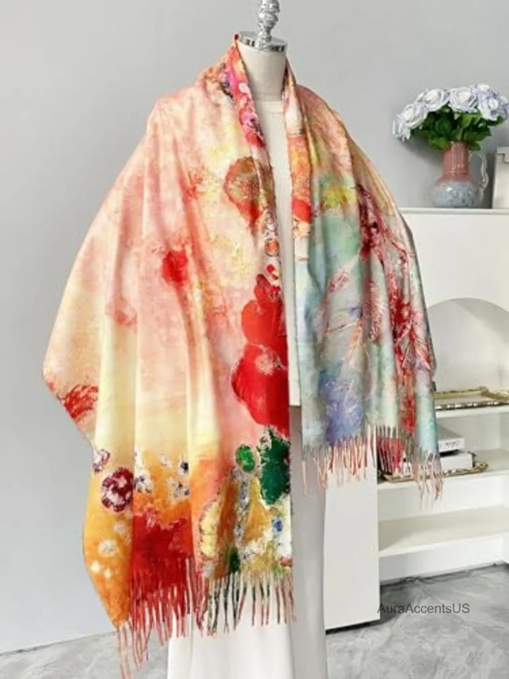Reversible Art Print Shawl Wrap Large Pashmina Stole Soft Warm Double Sided